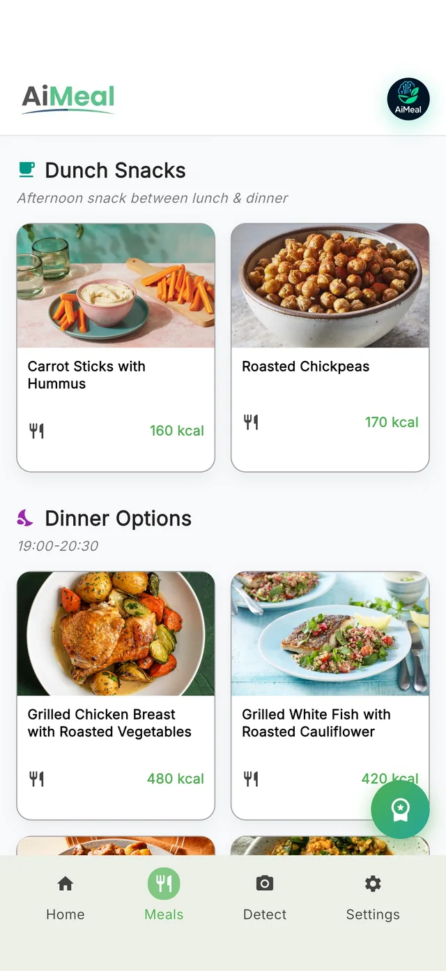 AiMeal afternoon snacks and dinner options with photos and calories