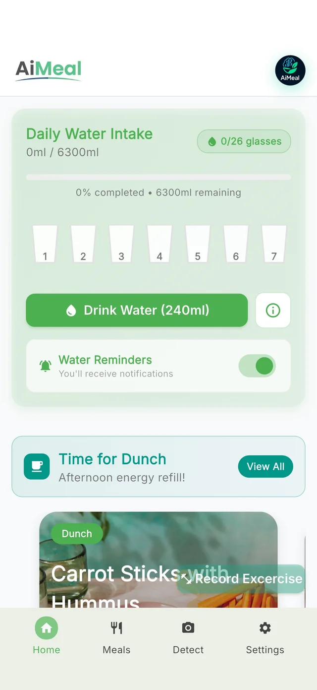 AiMeal home screen: daily water intake with glasses, water reminders and today's featured meal with its photo