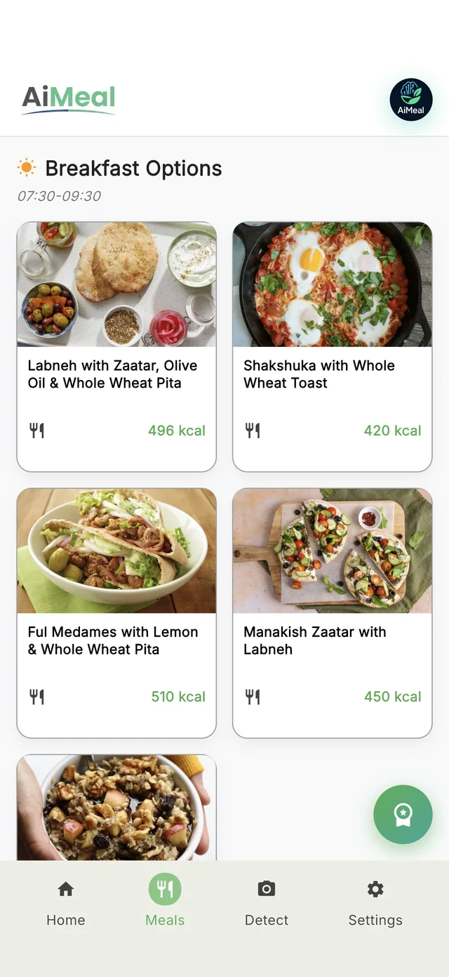 AiMeal breakfast options with photos: labneh with zaatar, shakshuka, ful medames and manakish, each with calories