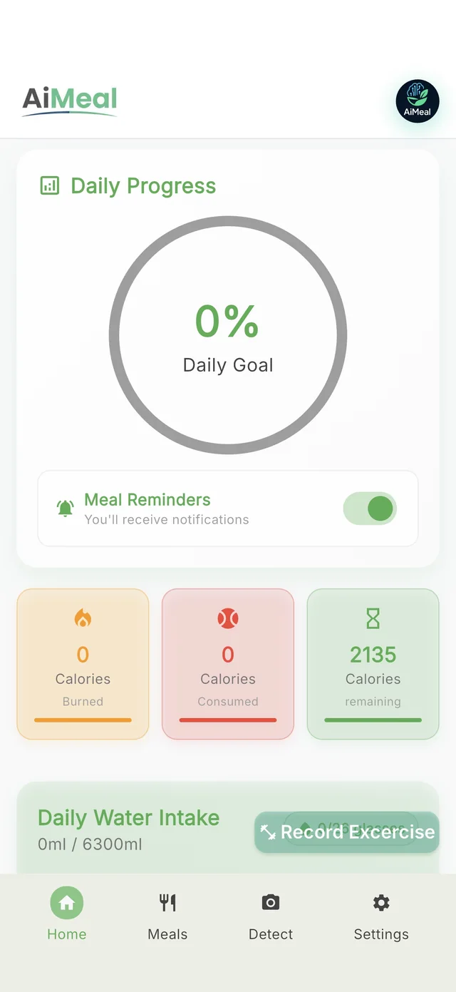 AiMeal home screen: daily goal progress ring, meal reminders, calories burned, consumed and remaining