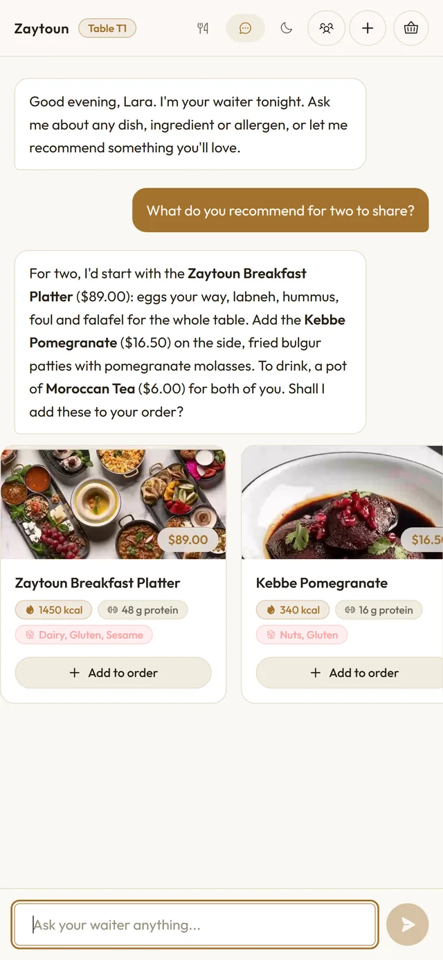AIwaiters chat: the digital waiter recommends dishes for two, with cards showing price, calories, protein and allergens