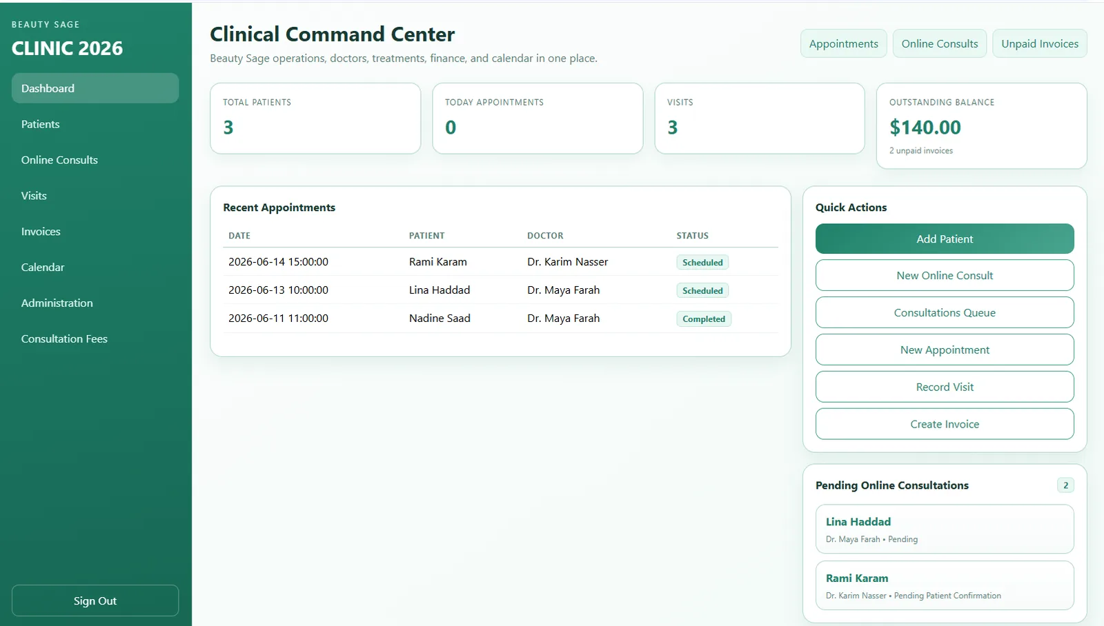 Clinic platform dashboard: patients, today's appointments, visits, outstanding balance, recent appointments by doctor, quick actions and pending online consultations
