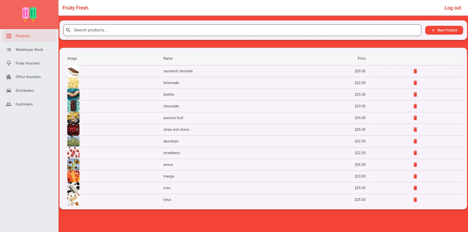 Fruity Fresh web admin panel: product list with images and prices