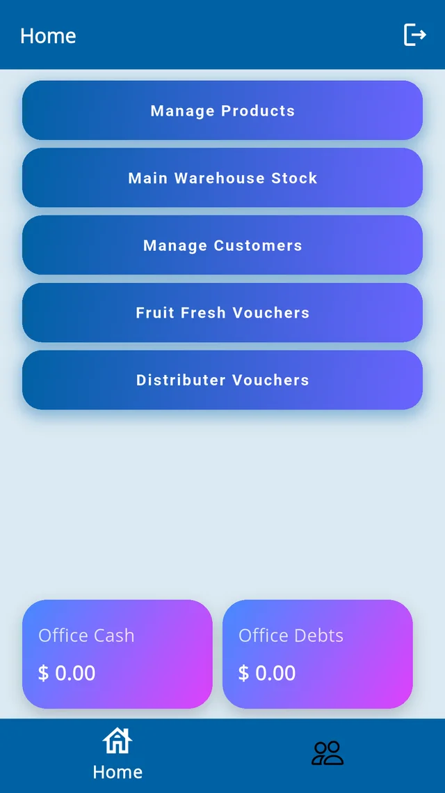 Fruity Fresh distributor app home: manage products, warehouse stock, customers and vouchers, with office cash and debts