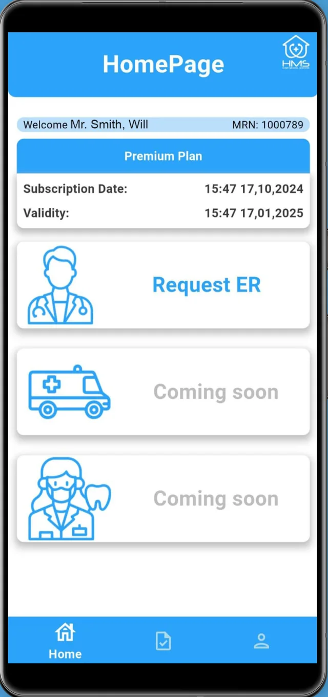 HMS Healthcare app home: subscription plan and Request ER