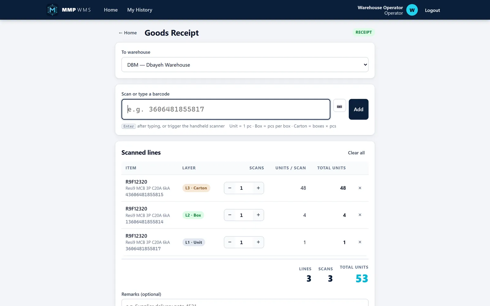 MMP WMS on desktop: goods receipt with scanned lines