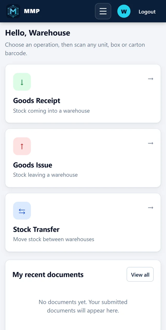 MMP WMS on a phone: goods receipt, goods issue and stock transfer